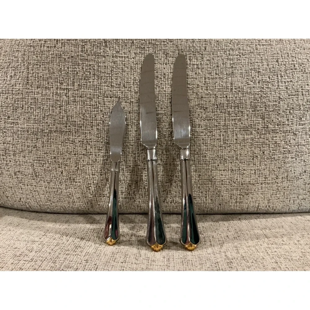 Vintage Silver Tone Knives with Gold Accent Base Set of 3 Dinner Butter Spreader